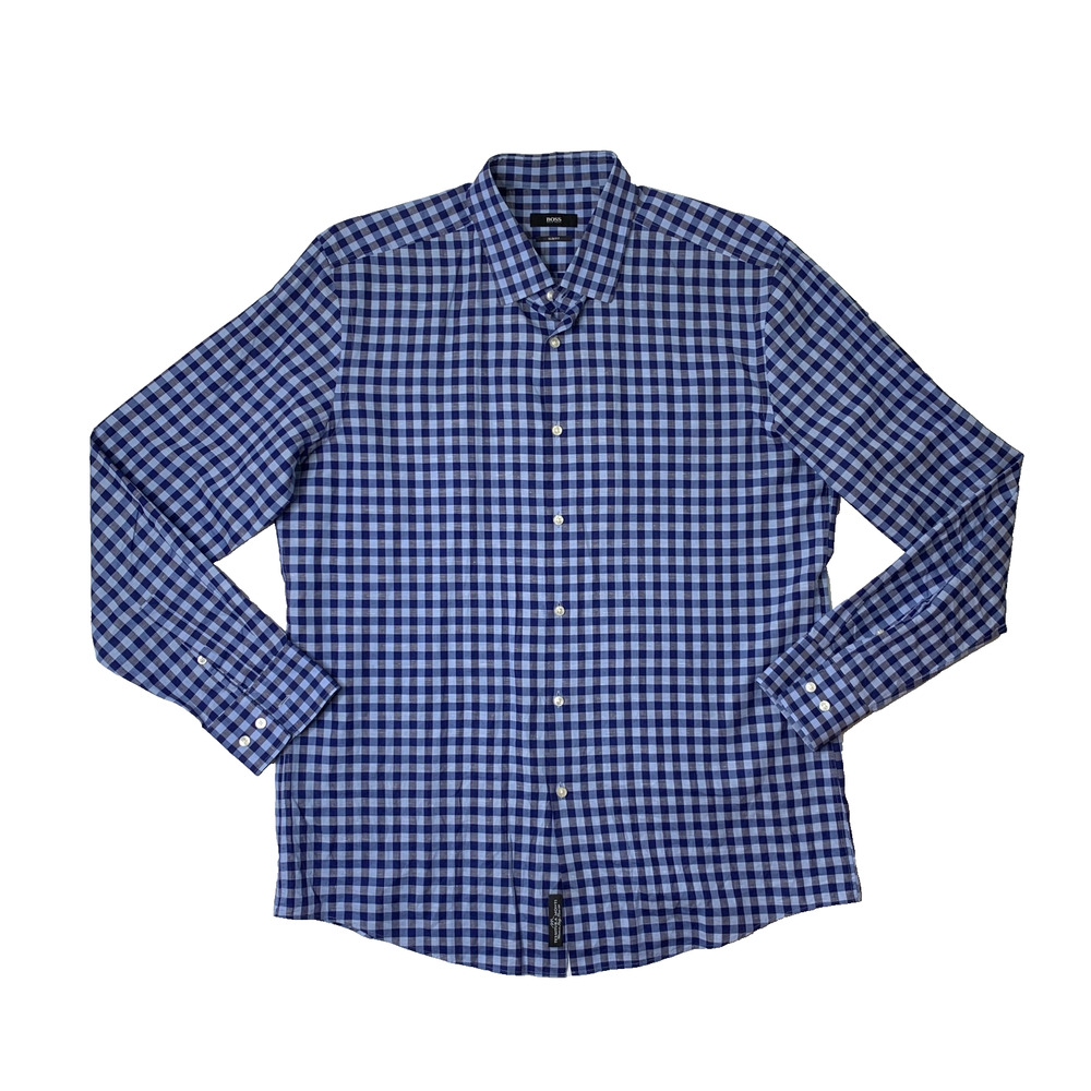 Hugo Boss Shirt Mens 17.5 Slim Fit Gingham Pointed Collar Button Up Long Sleeve